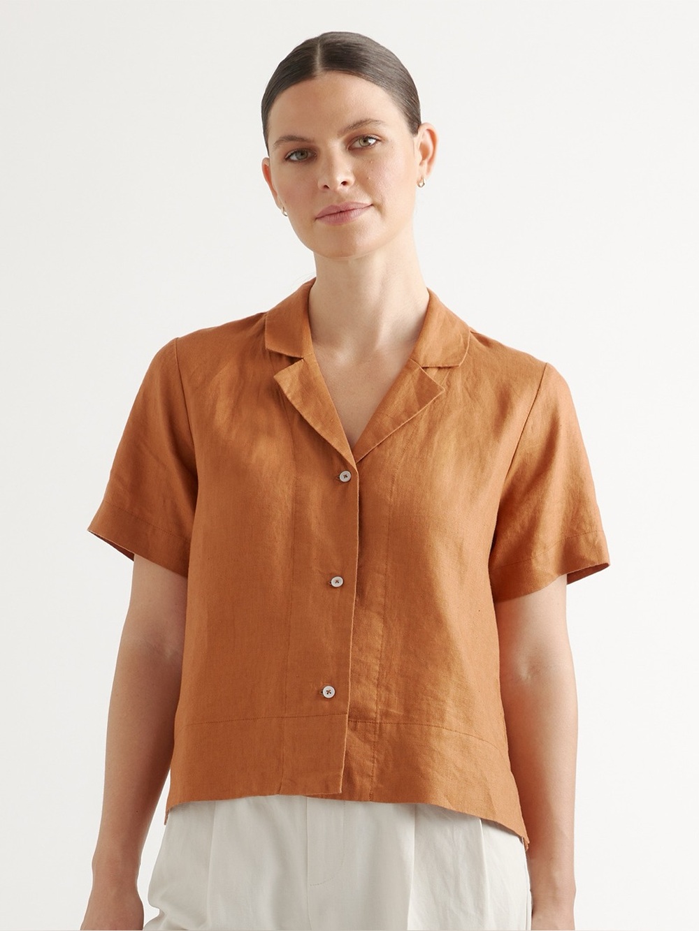 Quince 100% European Linen Shirt M Rust Chile Brown Notched Collar Resort